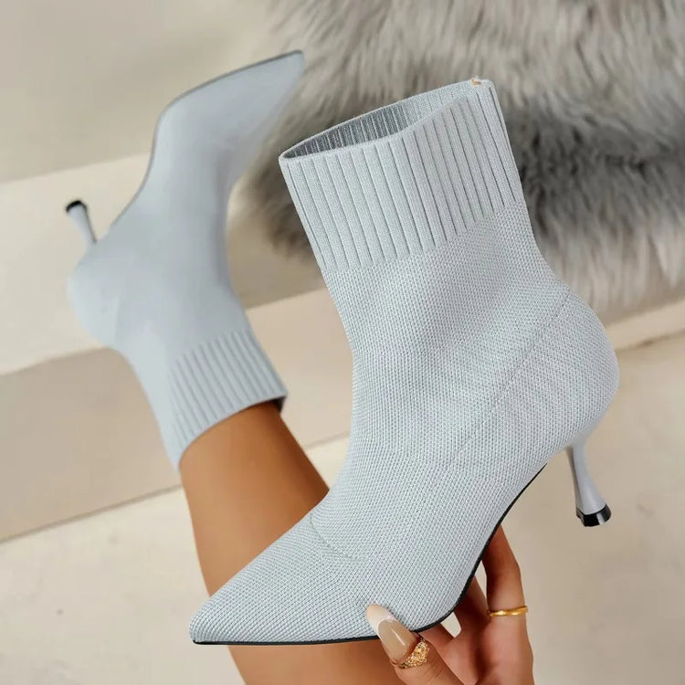 Spring Autumn Women Ankle Boots Slip-On Green Chelsea Boots Women Luxury Stretch Fabric Women Socks Shoes Pointed Toe High Heels