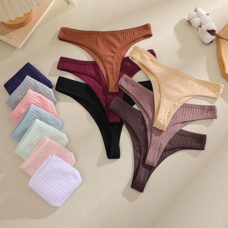 6Pcs/Set Seamless Cotton Thongs Panties For Women Sexy Low Rise Solid Color G-String Underwear Female Ribbed Breathable Lingerie