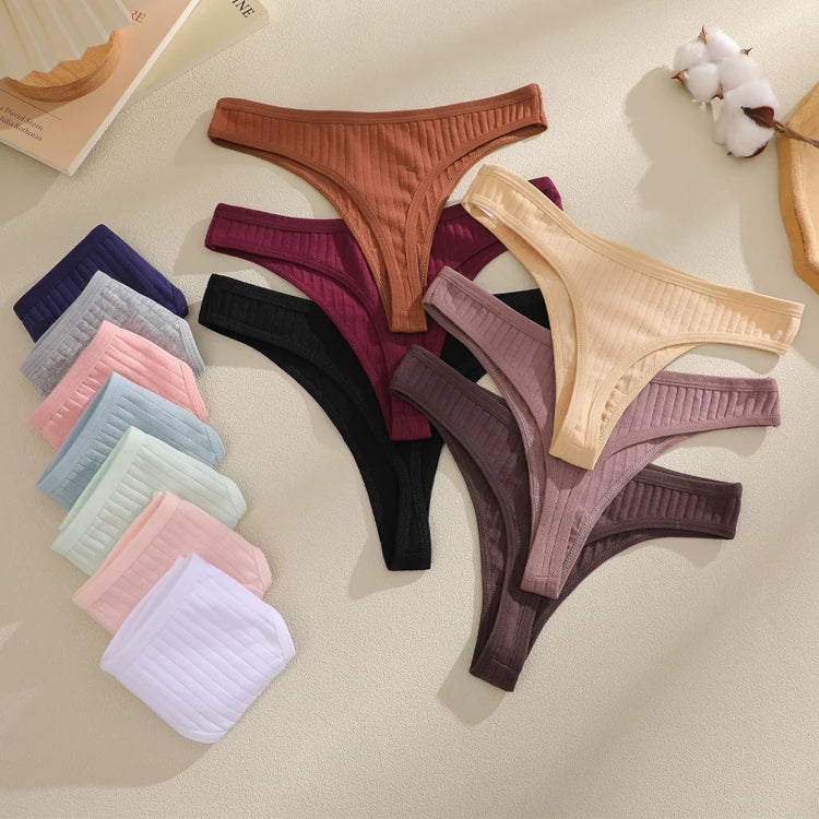 6Pcs/Set Seamless Cotton Thongs Panties For Women Sexy Low Rise Solid Color G-String Underwear Female Ribbed Breathable Lingerie