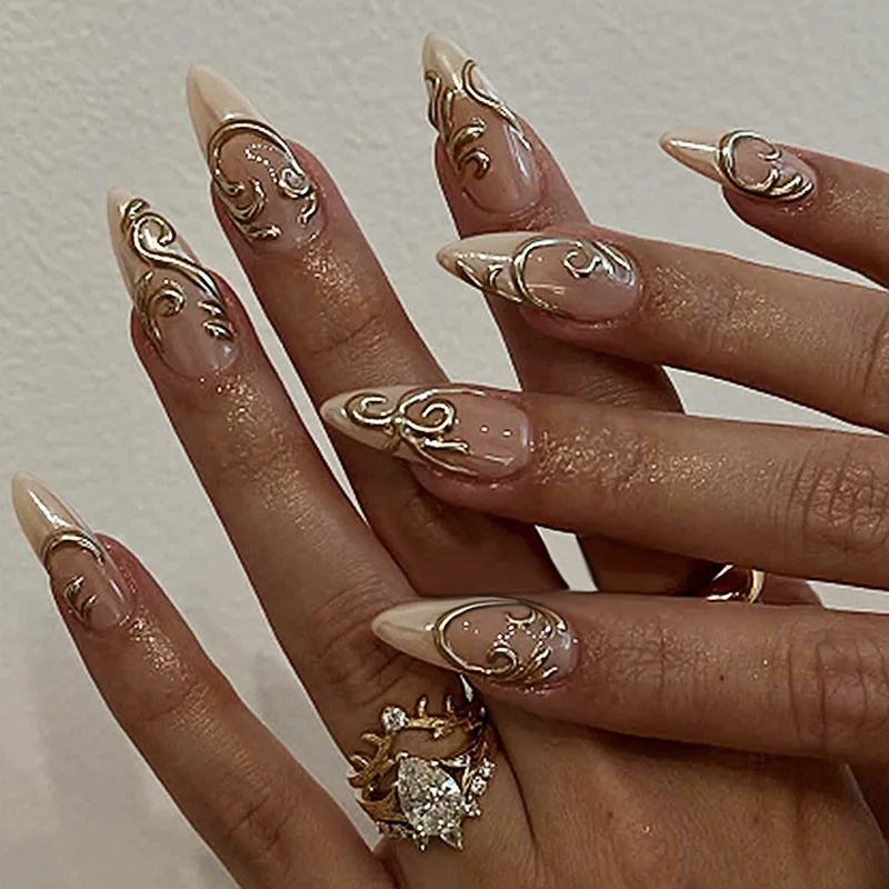 24Pcs French False Nails Almond Fake Nails with Glue Press on White Edge Design Wearable Simple Ins Pink Stiletto Nail Tips