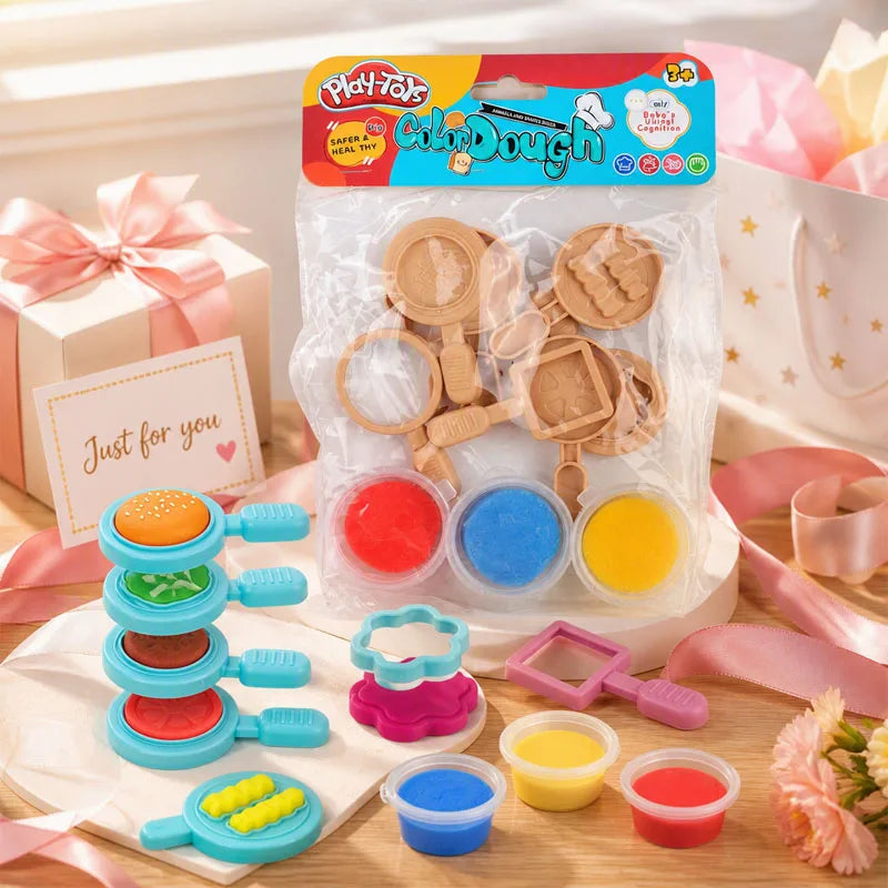 Kids Hamburger Making Kit DIY Food Play Set with Soft Modeling Dough Burger Mold Creative Activity Pretend Kitchen Game Clay Toy
