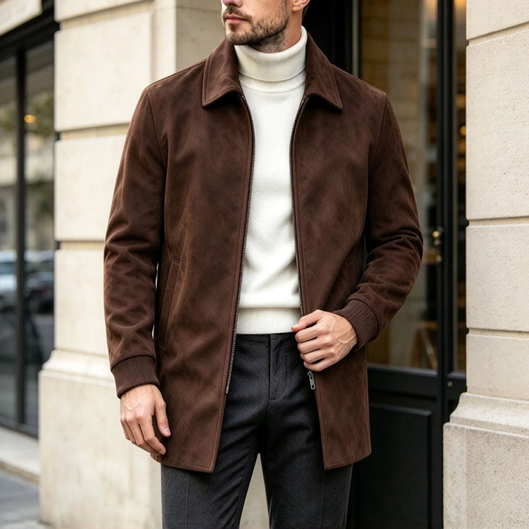 Men Faux Suede Mid Length Coat Autumn Winter Lapel Zipper Jacket Business Casual Slim Fit Windproof  Overcoat Streetwear Outwear
