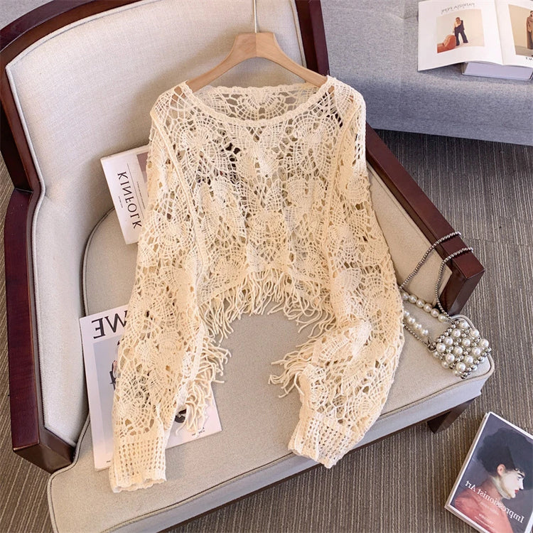 Fashionable Large Size Women's  Hook Hollow Knitted Top round Neck Long Sleeve Tassel Short Style Autumn Outerwear