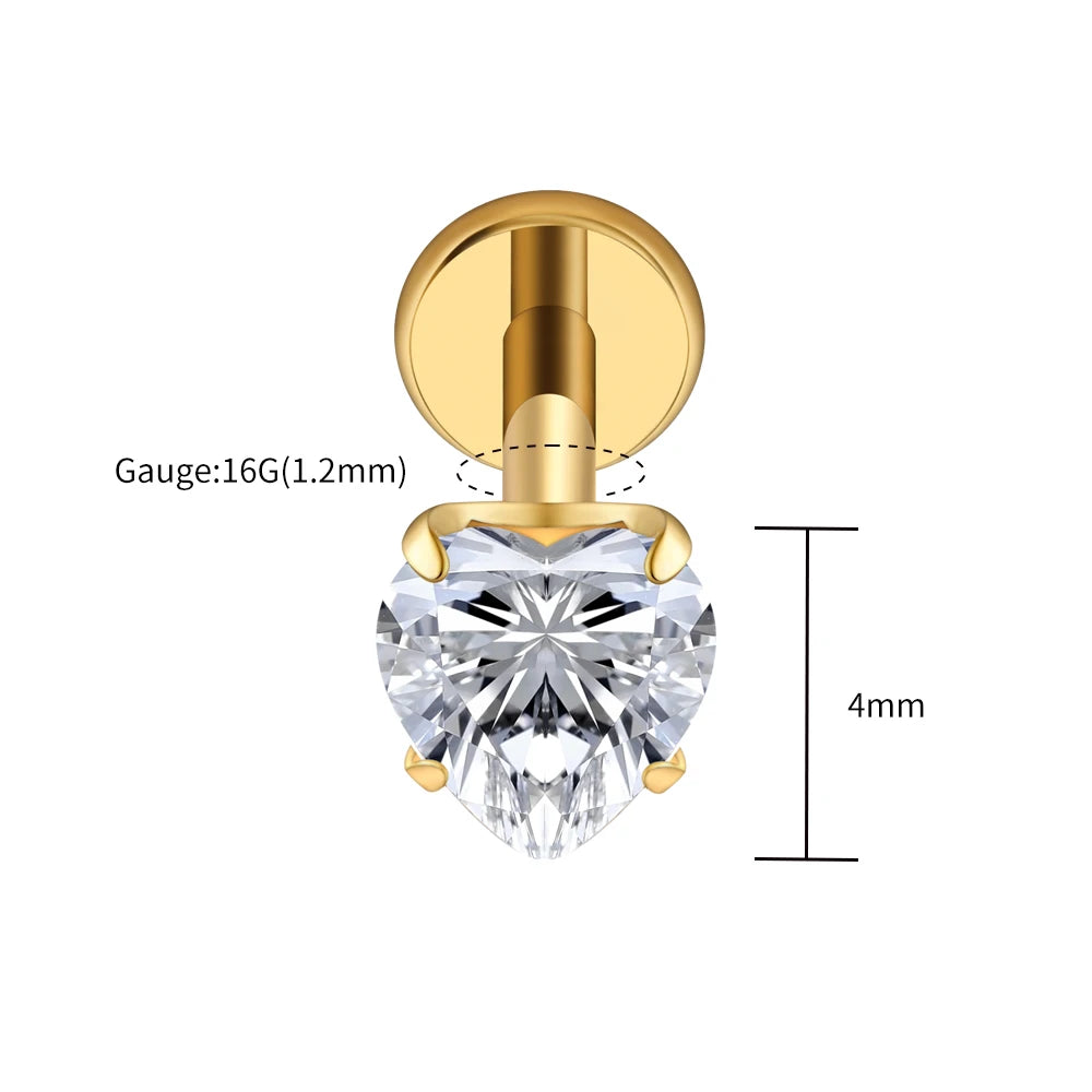 Right Grand ASTM F136 Titanium 16G Heart CZ Threaded Labret 3mm/4mm/5mm CZ Cartilage Tragus Helix Nose Stud Piercing Jewelry