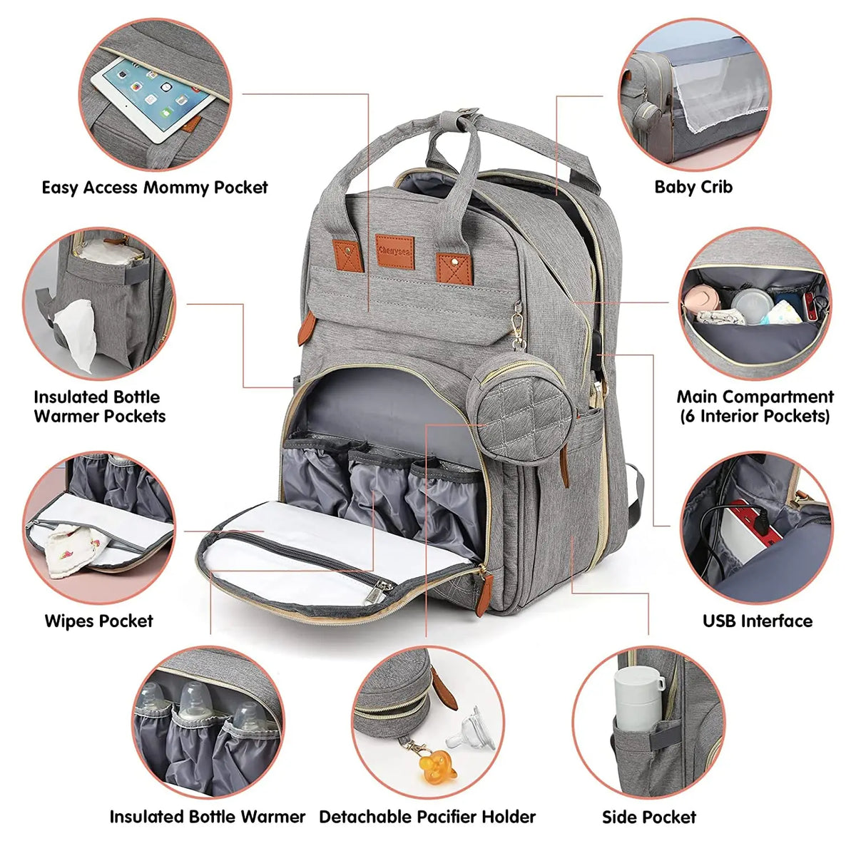 Foldable 3-in-1 Diaper Bag Backpack with USB Charge Waterproof Travel Bag Baby Bed And Changing Mat Included