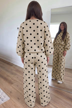 Pink Polka Dot Puff Sleeve Top Casual Pants 2pcs Set