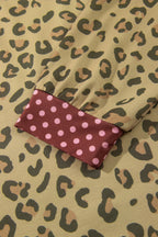 Khaki Plus Size Leopard Print Contrast Polka Dot Trim Long Sleeve Top