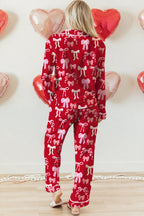 Red Sweet Bow Print Shirt Style Top Long 2pcs Pajama Set