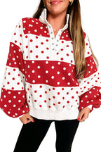 Red Polka Dot Colorblock Half Zip Puff Sleeve Pullover Sweatshirt