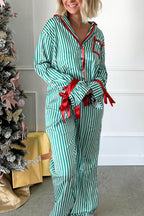Green Stripe Contrast Velvet Trim Bow Knot Waist 2pcs Pajama Set