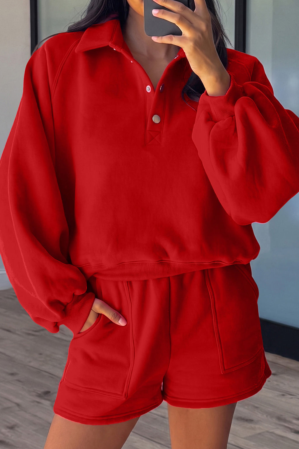 Dark Blue Half Button Puff Sleeve Relaxed Pullover and Shorts 2pcs Outfit