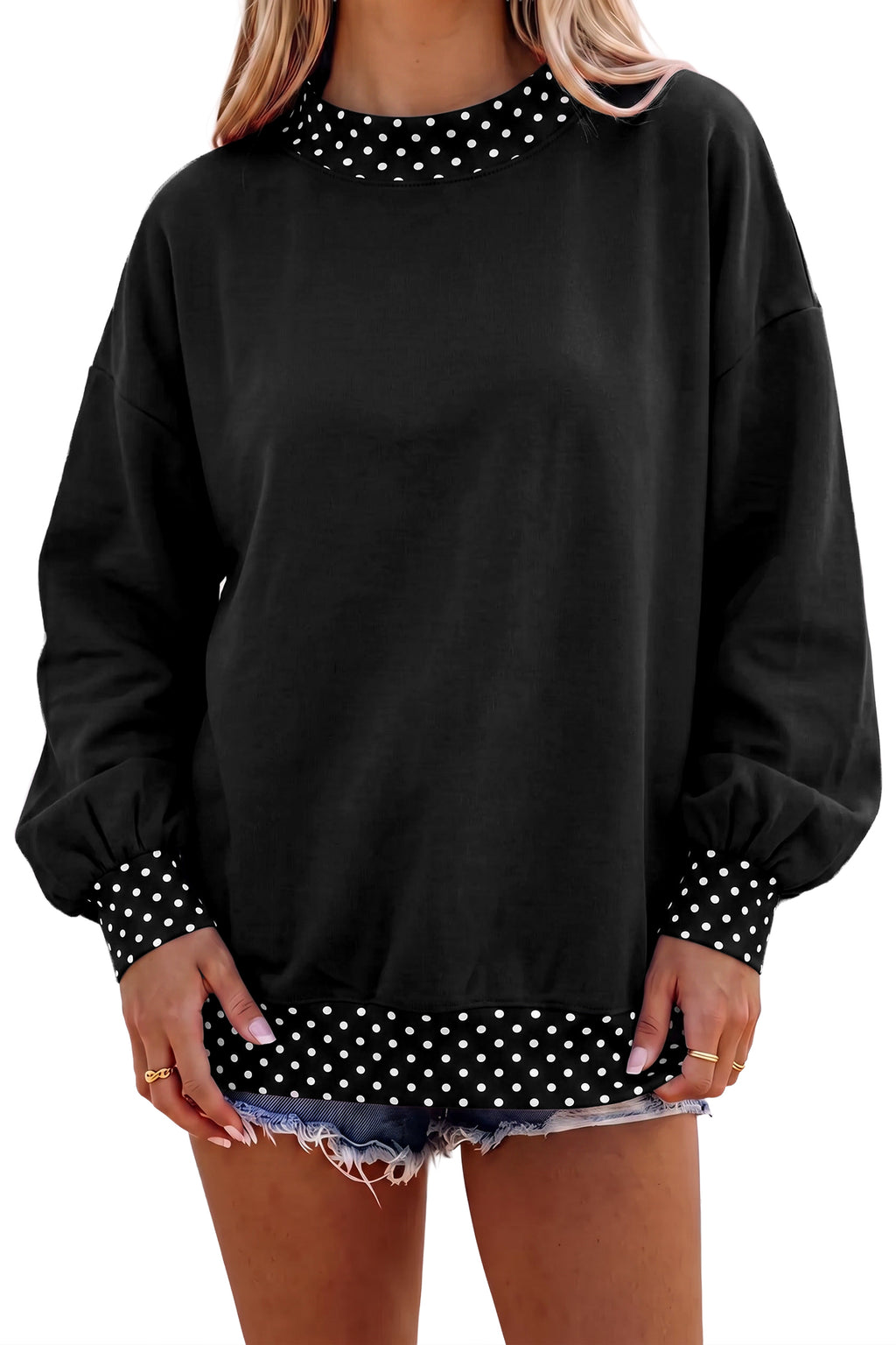 Red Dahlia Colorblock Polka Dot Contrast Trim Oversized Sweatshirt