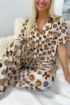 Beige Leopard Pumpkin Allover Halloween 2pcs Pajama Set