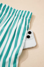 Green Stripe Contrast Ricrac Trim Long Sleeve Shirt Drawstring Ruffled Pajama Short Set