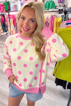 Black Polka Dot Contrast Patchwork Round Neck Baggy Sweatshirt