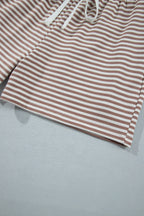 Khaki Stripe Color Block Patchwork Long Sleeve Top Drawstring Shorts Set