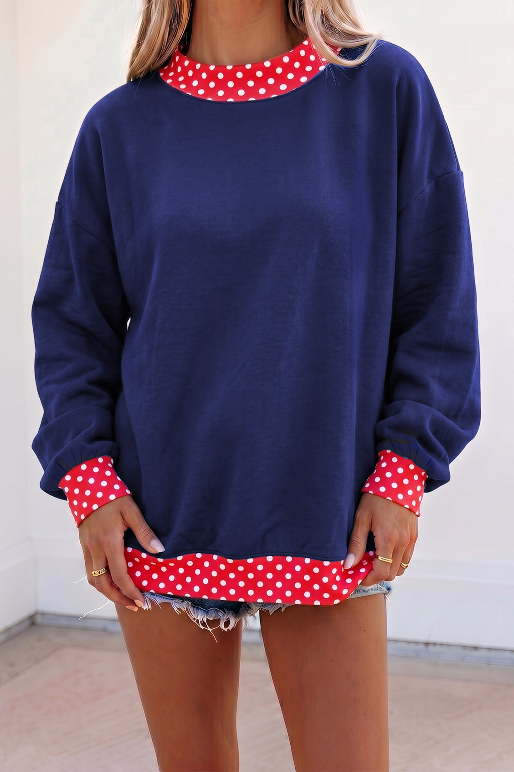 Red Dahlia Colorblock Polka Dot Contrast Trim Oversized Sweatshirt