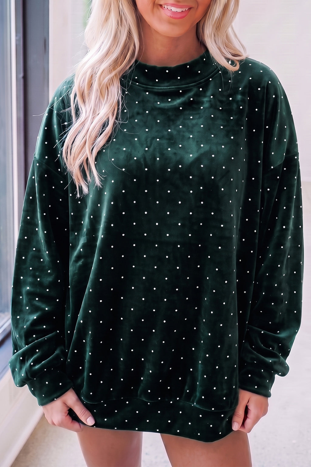 Red Velvet Polka Dot High Neck Tunic Pullover Sweatshirt