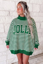 Red Stripe Christmas Slogan Embroidery Patched Mock Neck Oversized Sweatshirt
