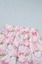 Pink Santa Print Paneling Shift Silhouette Short Sleeve Lounge Set