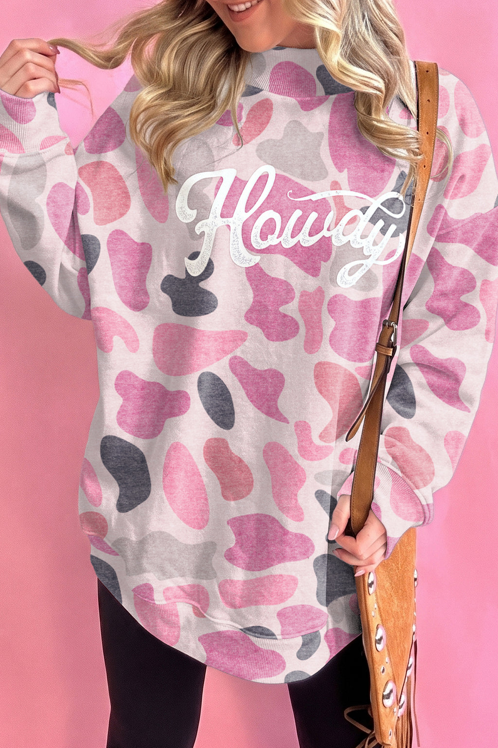 Sky Blue Camo Print Howdy Western Style Baggy Pullover Sweatshirt