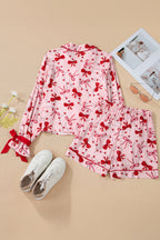 Red Bow Print Valentine Long Sleeve Shirt Shorts 2 Pcs Pajama Set