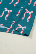 Green Ribbon Bow Print Silky Long Sleeve Shirt and Shorts 2pcs Pajama Set