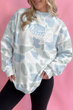 Sky Blue Camo Print Howdy Western Style Baggy Pullover Sweatshirt