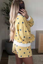 Yellow Polka Dot Ribbed Trim Long Sleeve Top Casual Short Set
