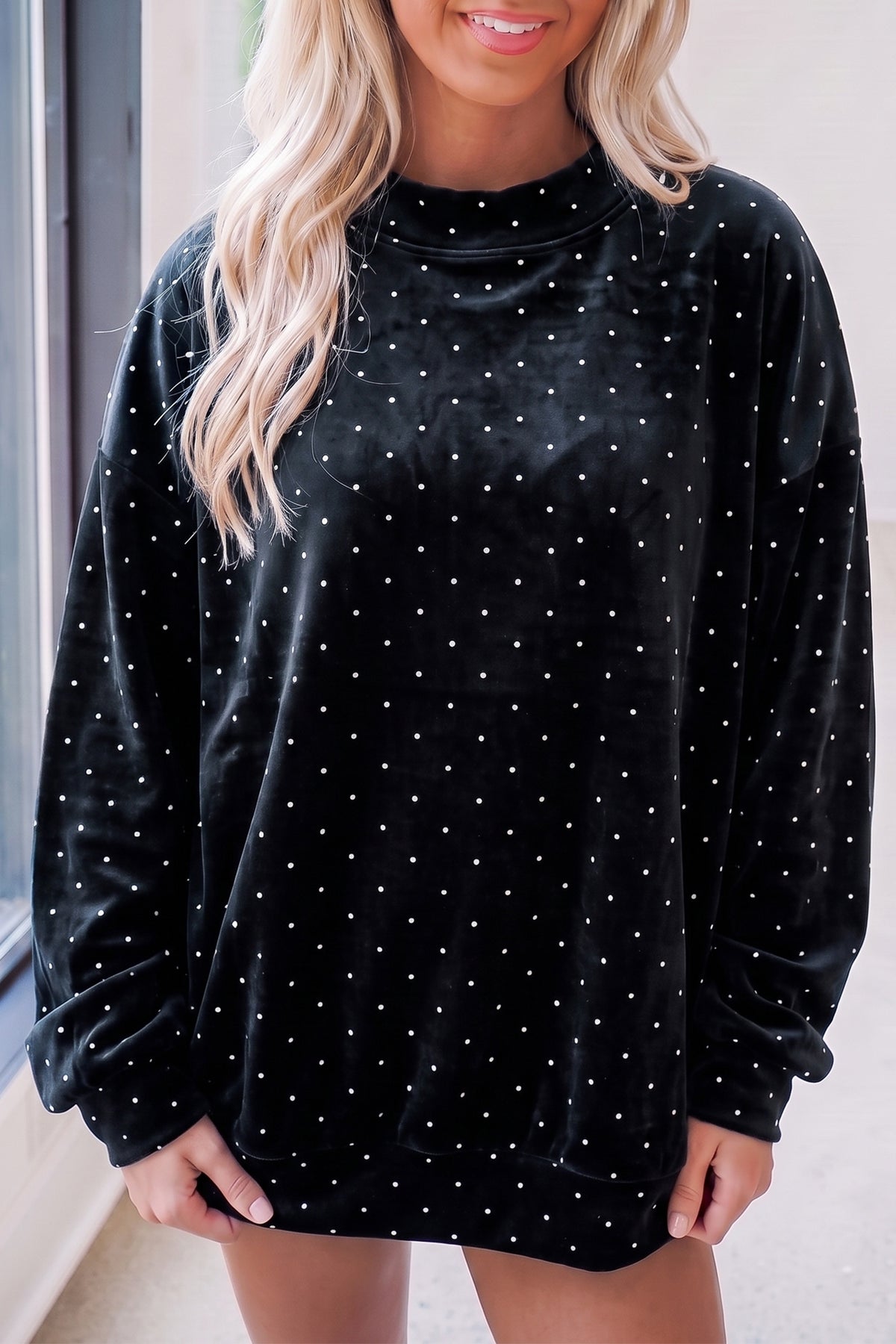 Red Velvet Polka Dot High Neck Tunic Pullover Sweatshirt