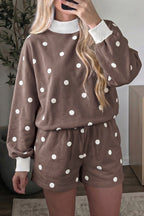 Yellow Polka Dot Ribbed Trim Long Sleeve Top Casual Short Set