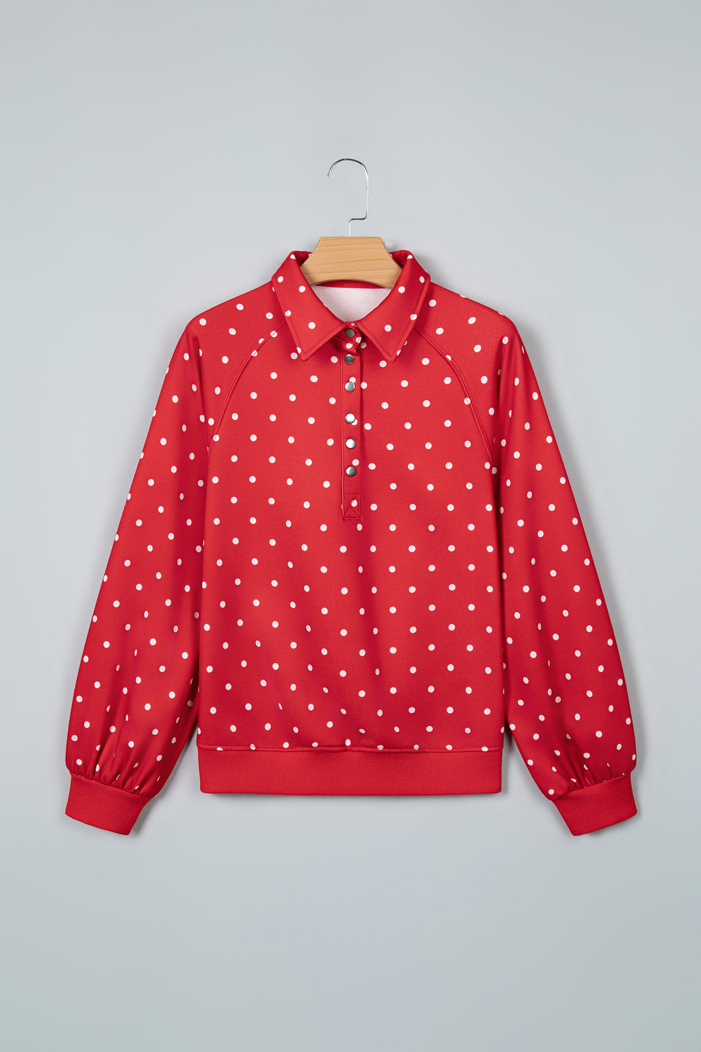 White Polka Dot Print Metal Button Collar Casual Pullover Sweatshirt