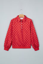 White Polka Dot Print Metal Button Collar Casual Pullover Sweatshirt