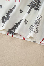 White Christmas Fashion Print Velvet Trim Bow Knot Pajama 2pcs Short Set