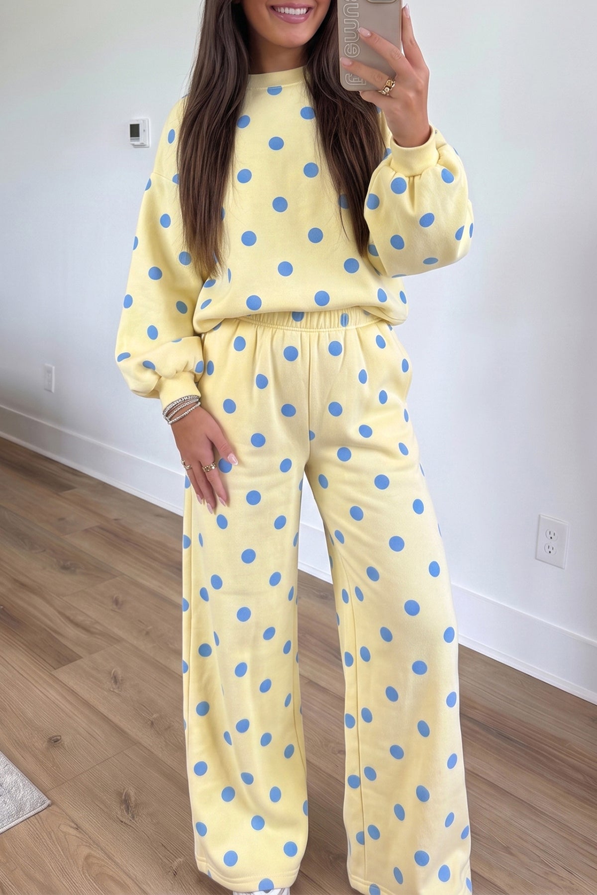 Pink Polka Dot Puff Sleeve Top Casual Pants 2pcs Set