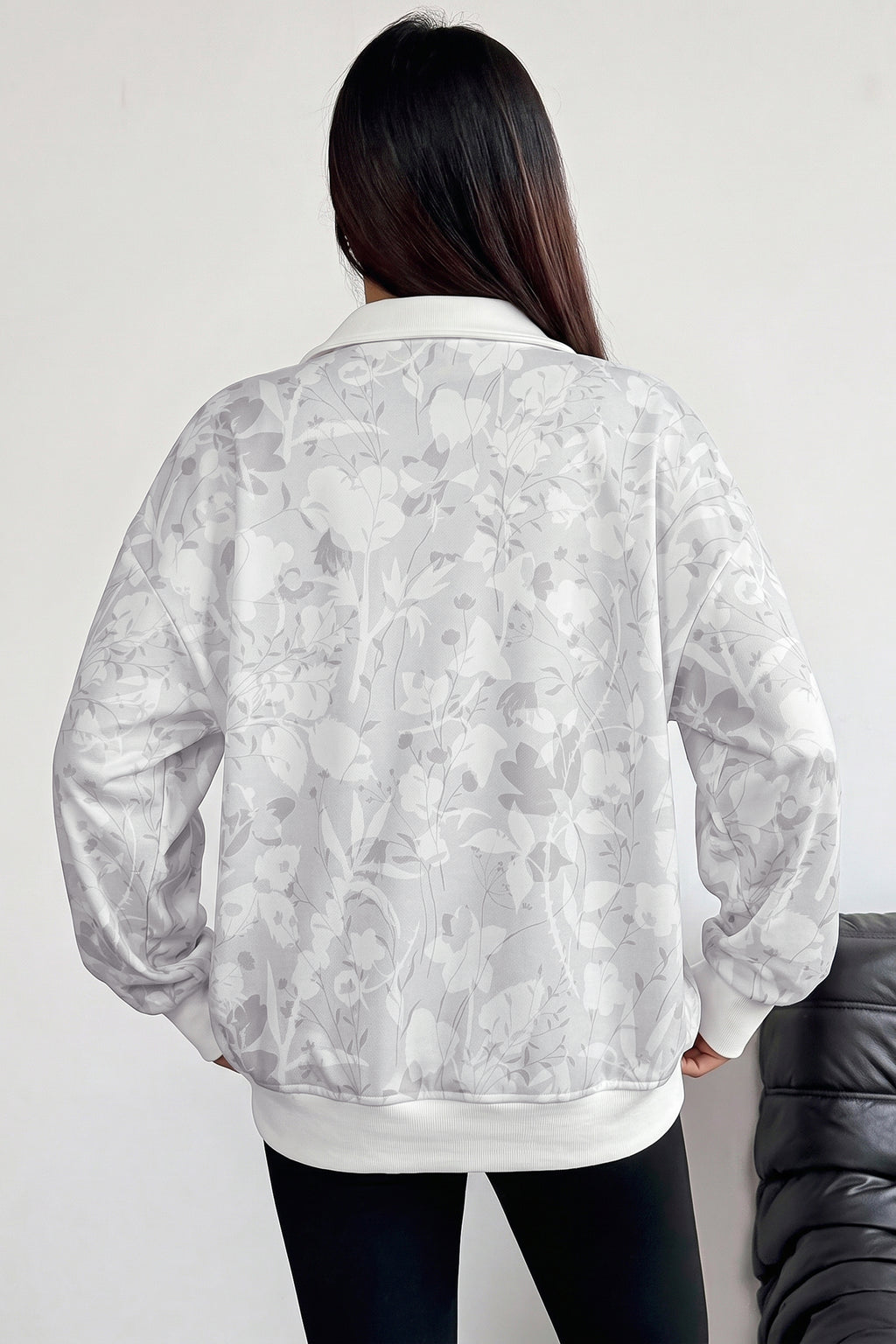 Gray Floral Print Quarter Zip Stand Neck Long Sleeve Sweatshirt
