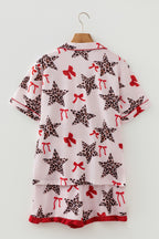 White Leopard Star Ribbon Bow Print Contrast Trim Short Pajama Set