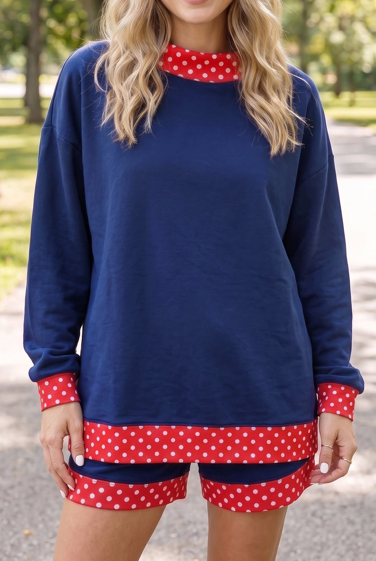 Evergreen Polka Dot Trim Baggy Pullover 2pcs Short Set