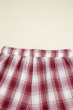 Red Retro Plaid Long Sleeve Shirt Drawstring Shorts 2pcs Lounge Set