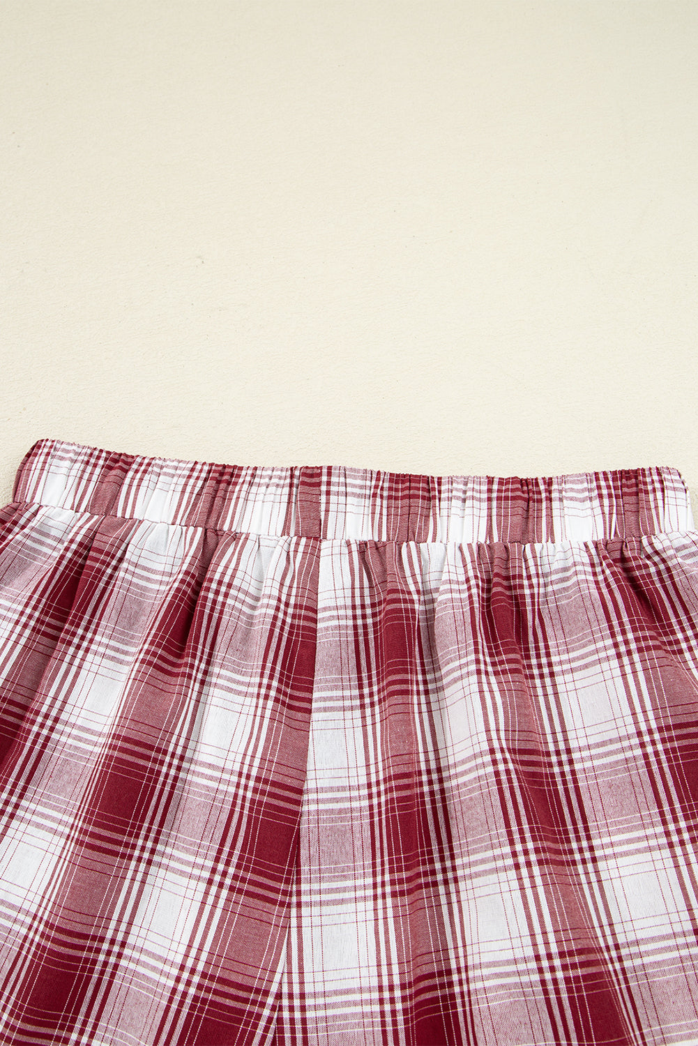 Red Retro Plaid Long Sleeve Shirt Drawstring Shorts 2pcs Lounge Set