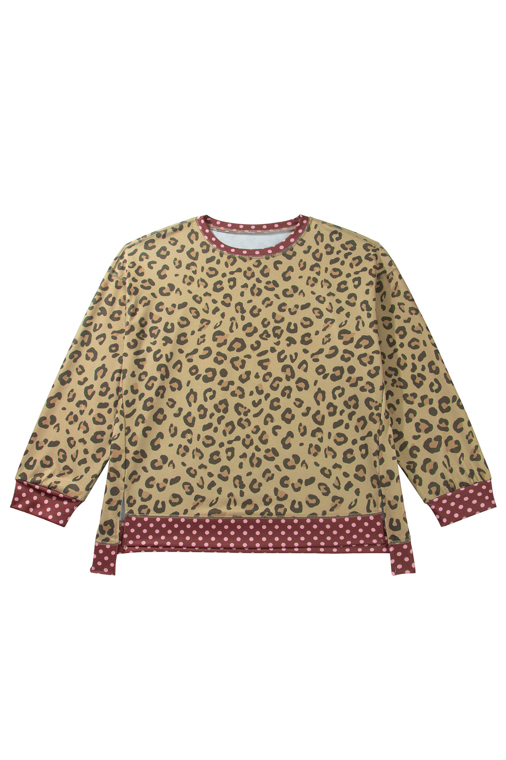 Khaki Plus Size Leopard Print Contrast Polka Dot Trim Long Sleeve Top