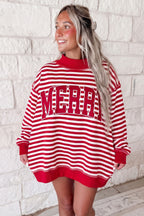 Red Stripe Christmas Slogan Embroidery Patched Mock Neck Oversized Sweatshirt