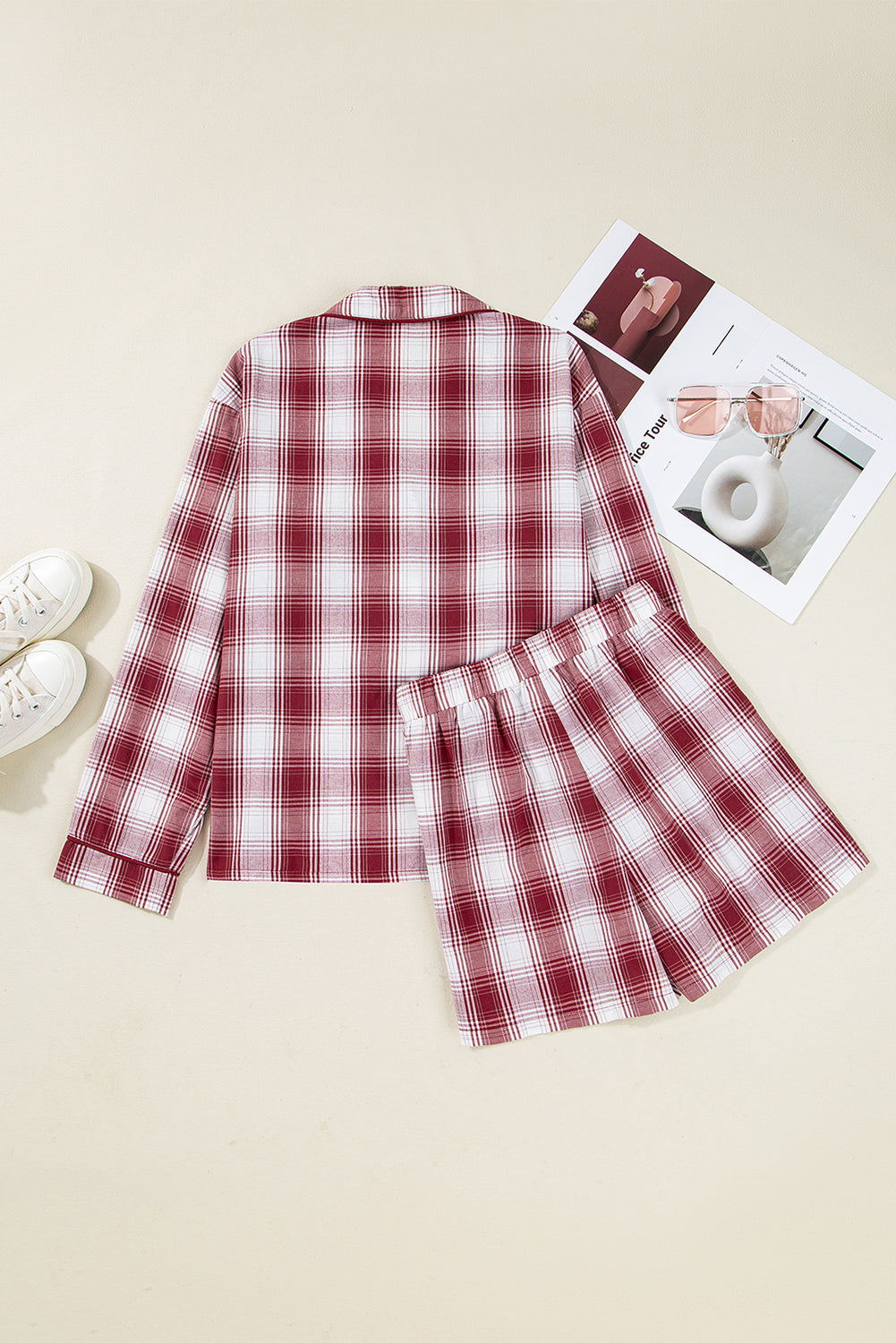Red Retro Plaid Long Sleeve Shirt Drawstring Shorts 2pcs Lounge Set