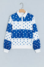 Red Polka Dot Colorblock Half Zip Puff Sleeve Pullover Sweatshirt