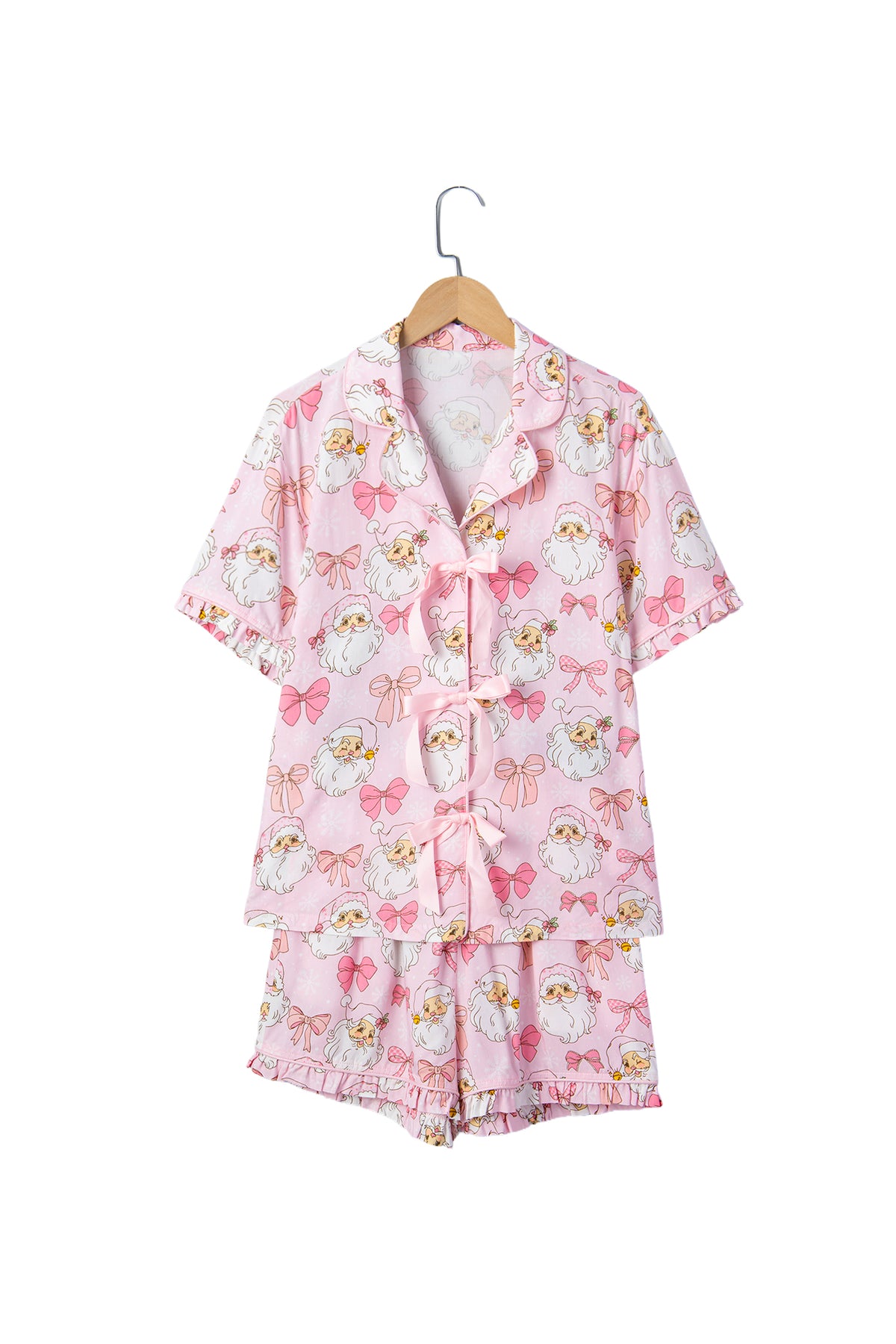 Pink Santa Print Paneling Shift Silhouette Short Sleeve Lounge Set