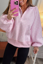 White Polka Dot Print Metal Button Collar Casual Pullover Sweatshirt