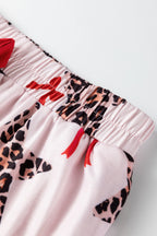 White Leopard Star Ribbon Bow Print Contrast Trim Short Pajama Set