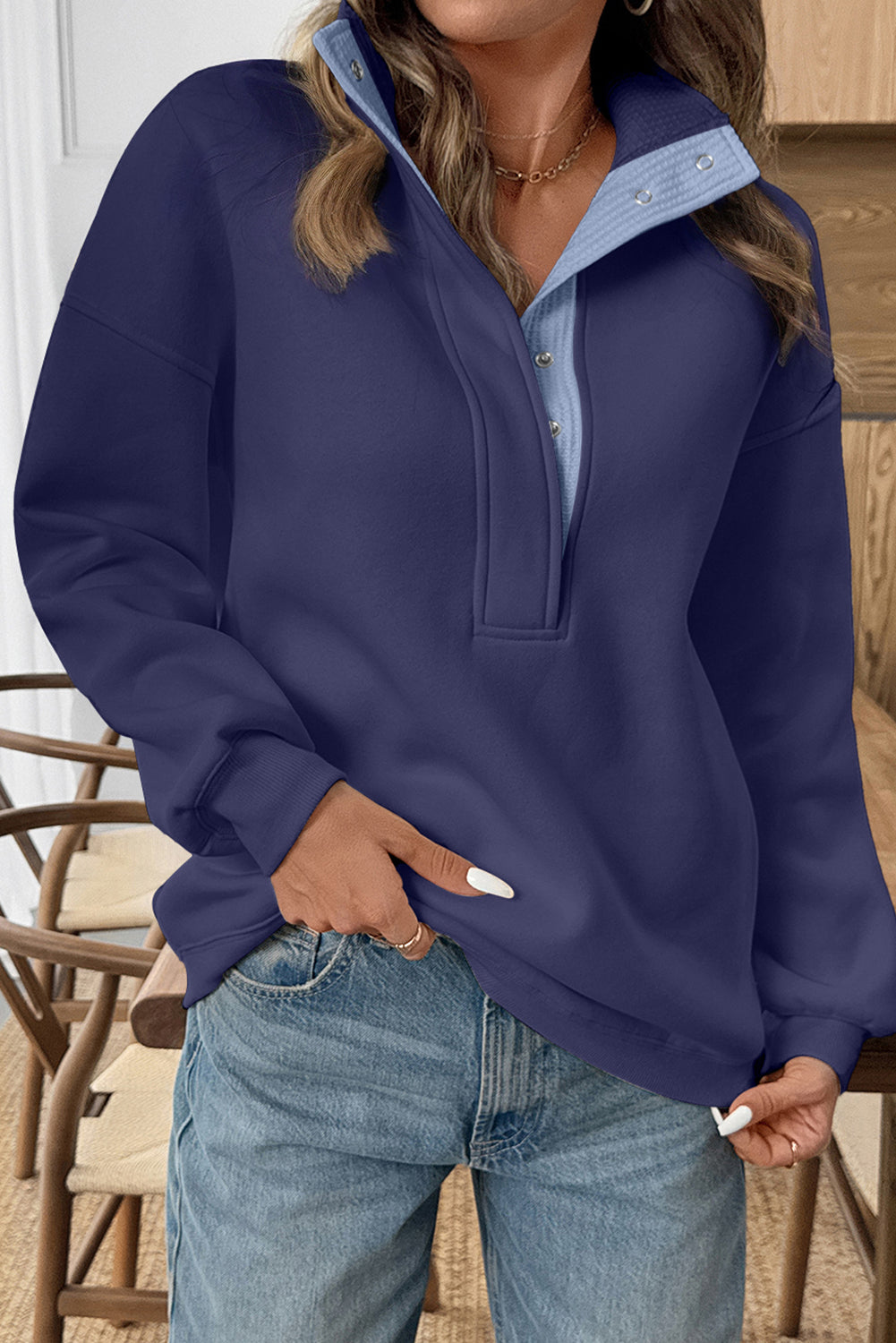 Dirty blue Drop Shoulder Metal Button Casual Pullover Sweatshirt