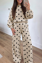Pink Polka Dot Puff Sleeve Top Casual Pants 2pcs Set