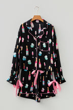 Color black Christmas Wine Glass Print Bow Knot Two Piece Pajama Set